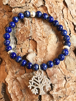 Bracciale in lapislazzuli con albero della vita in metallo rodiato e distanziali in argento 925