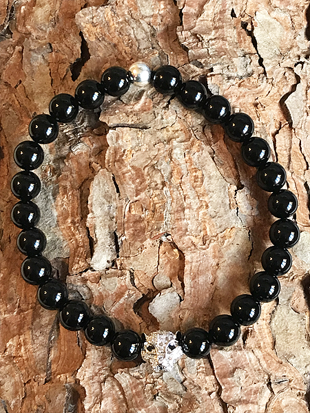Bracciale in onice nero per uomo con giaguaro in metallo rodiato e distanziali in argento 925
